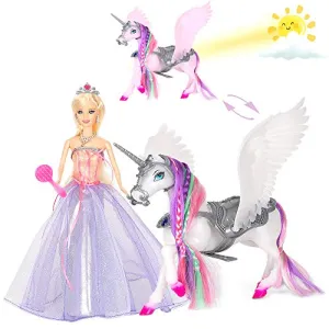 2023 Rainbow Braided Hair Unicorn Princess Doll Playset, 12" Fashion Fairy Tale Doll, Color Change White Unicorn Toy Doll with Horse Mane Brush, Unicorn Gift for Girls