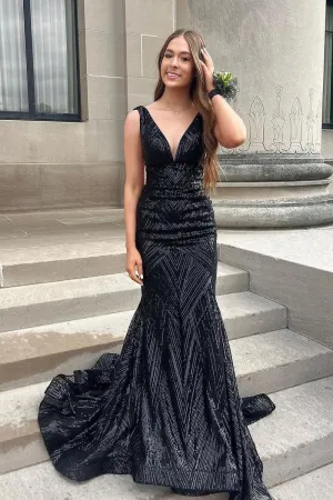 Charming Mermaid V Neck Sequins Long Prom Dresses VK073157