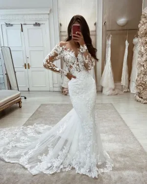 Elegant Mermaid Bateau Neck Long Sleeves Wedding Dresses with Appliques VK0731115