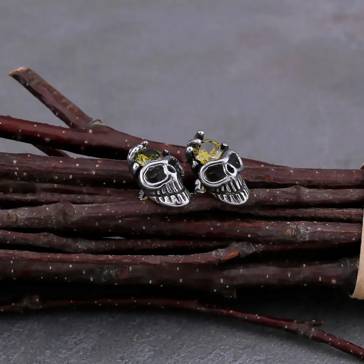 Fashion Zircon Inlay Skull Stud Viking Earrings