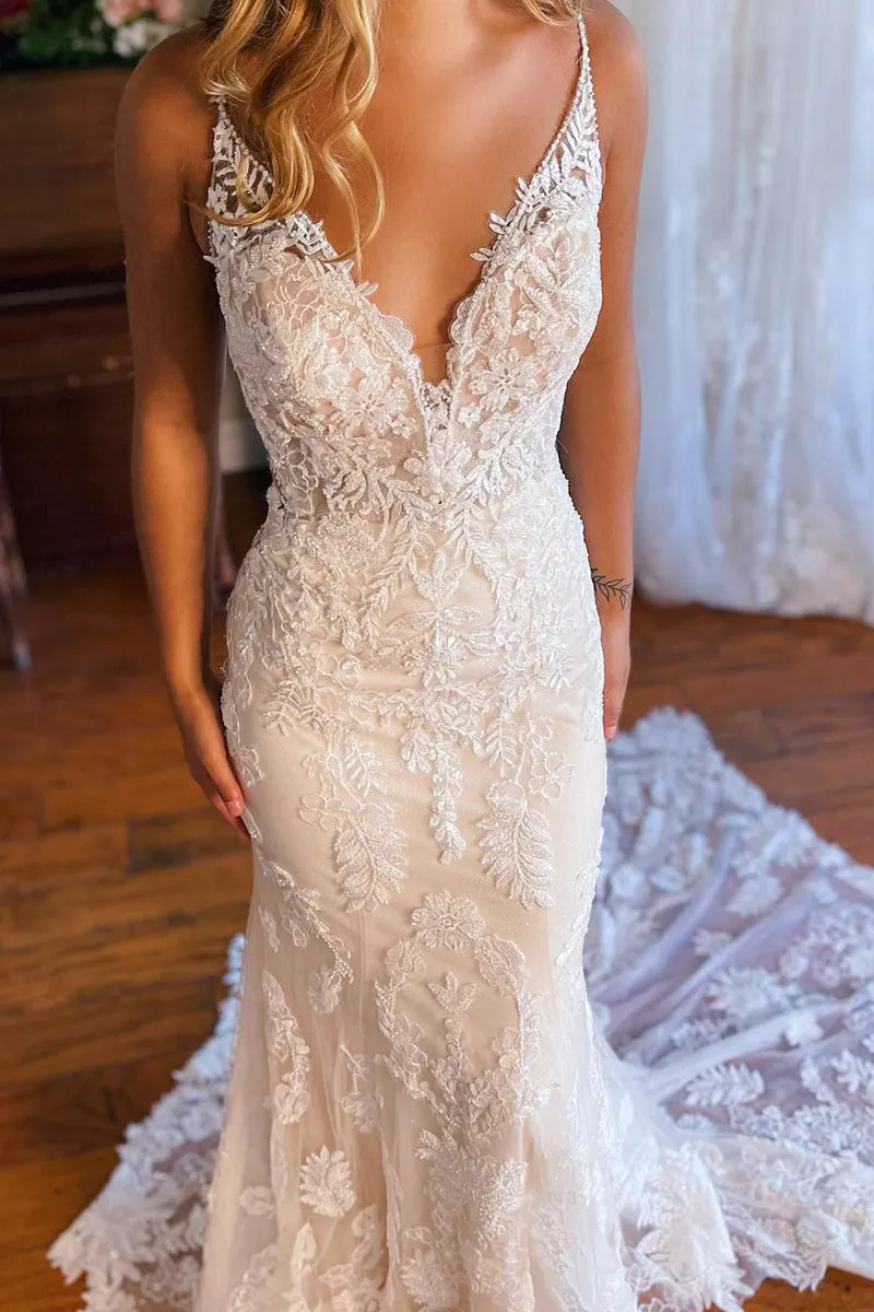 Gorgeous Mermaid V Neck Lace Light Champagne Wedding Dresses VK0731108
